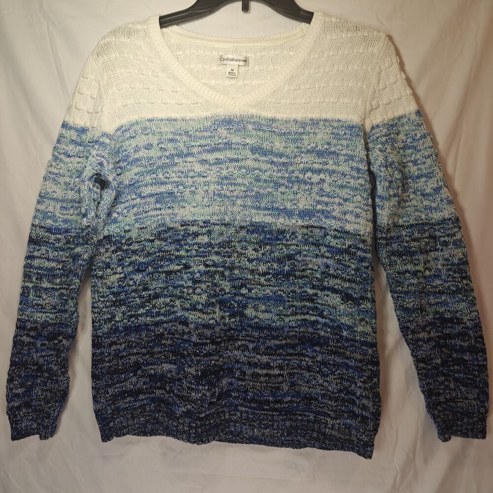 Croft&Barrow women M blues white long sleeves V neck knitted sweater 100%Cotton